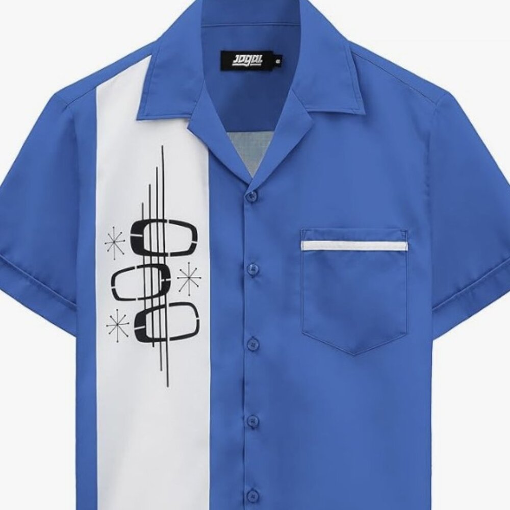 Men's Blue and White Bowling Shirt